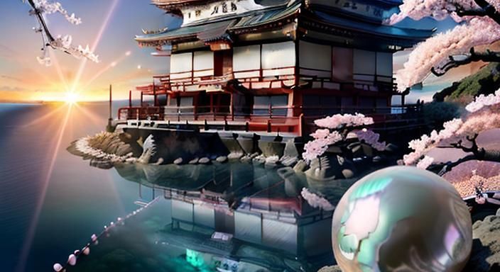 (Beautiful Japanese Obsidian Panel Sakura Temple Cliffside Scene Overlooking The Ocean During Sunrise Created With Carved Opalescent Abalone...