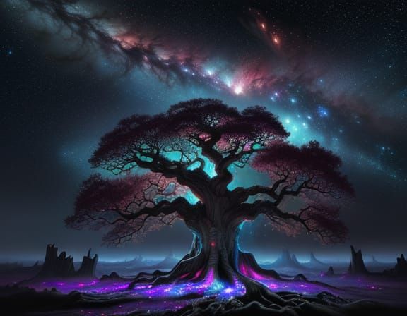 23.	A giant oak tree, its gnarled bark peeling away to reveal a glowing heart of a celestial nebula, radiating light and...