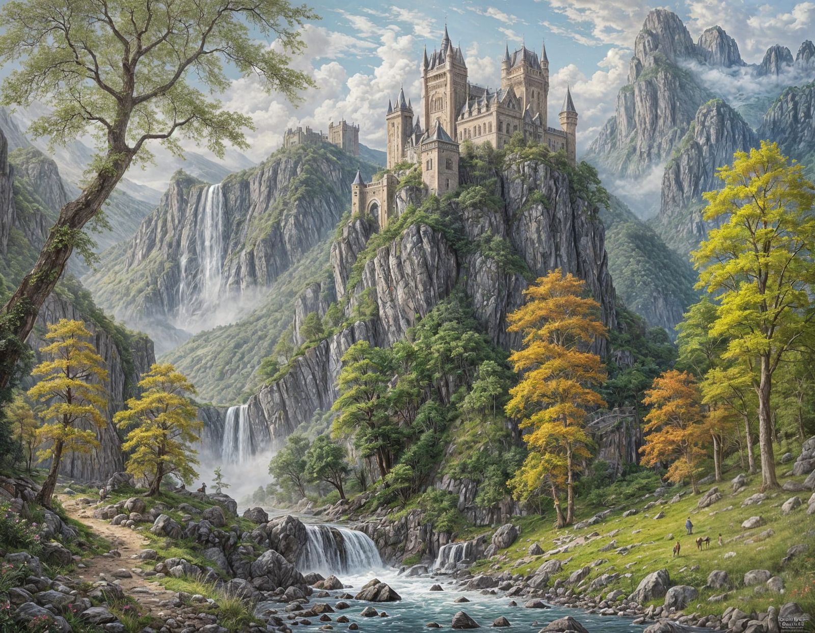 Medieval Castle on Rocky Cliffs Oil Painting