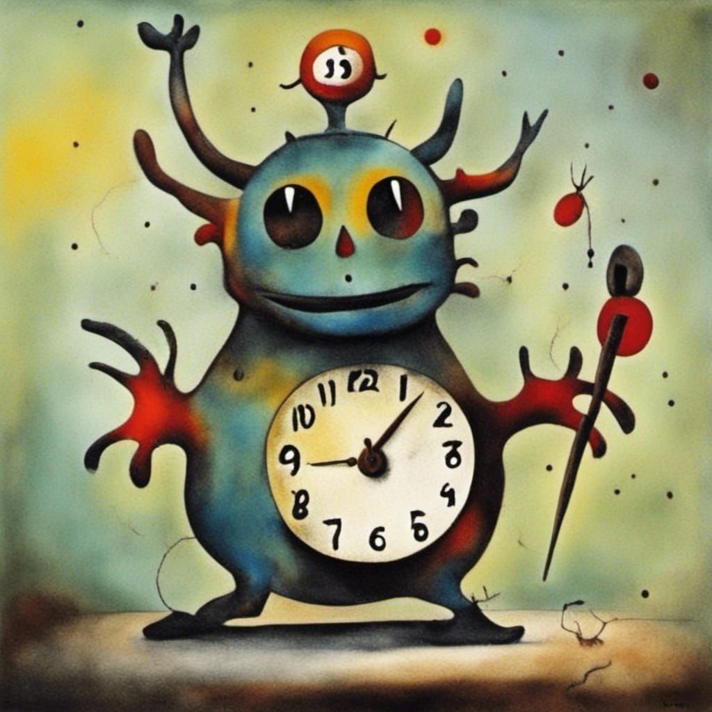 <lora:Aqua Miro:1.0> Cute creature holding a clock 