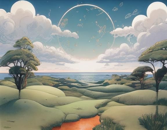 a misty meadow with trees, flat horizon. Rusty musical instruments protrude from the mist, the sun penetrates through the clouds. 8k resolut...