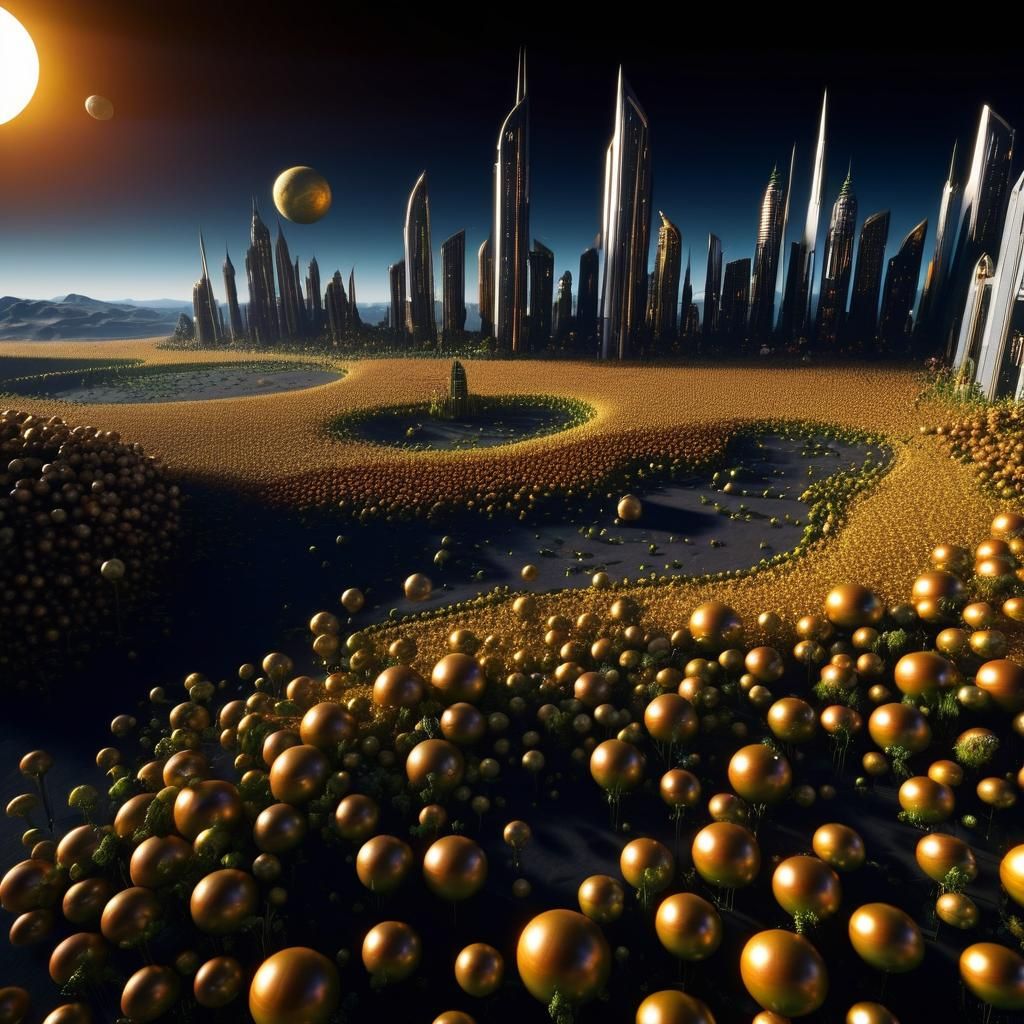Alien planet, city, vegetation, sun