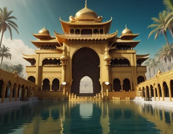 Golden palace upon the palm of a gigantic jinn background de...