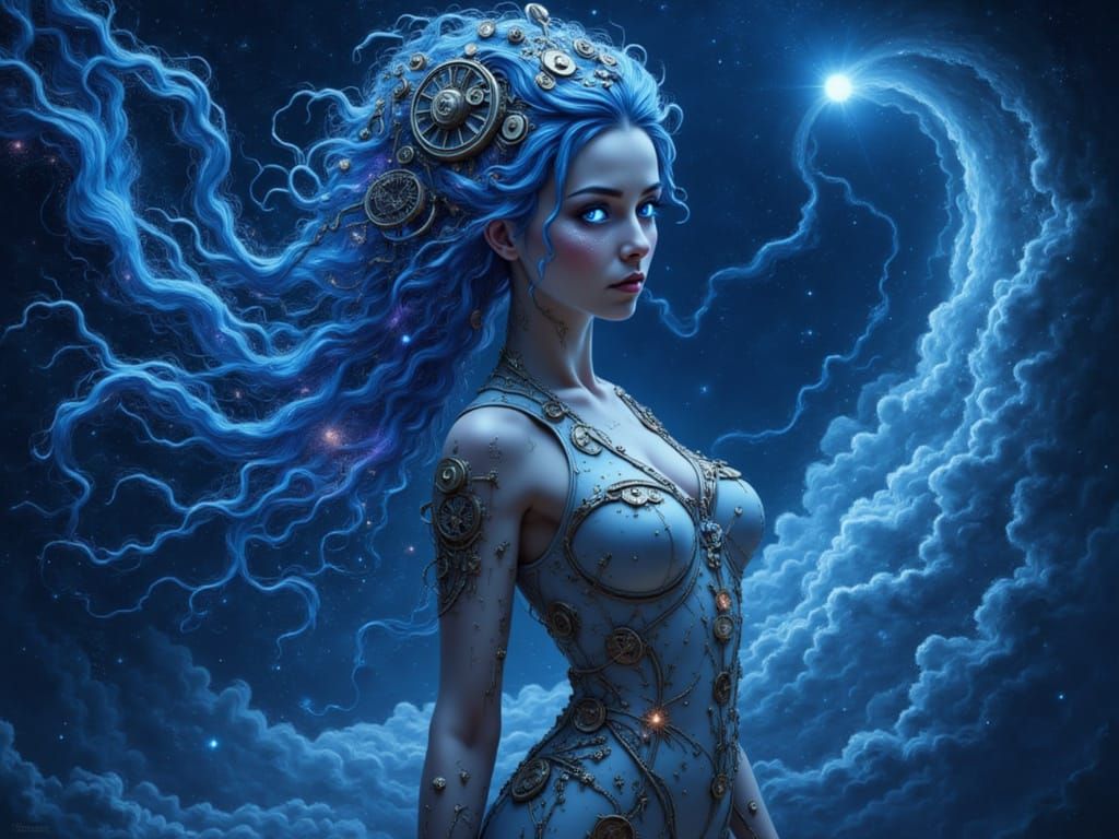 A digital painting depicting "The Galactic Clockwork Muse," a graceful humanoid figure composed of intricate clockwork gears and stardust. H...