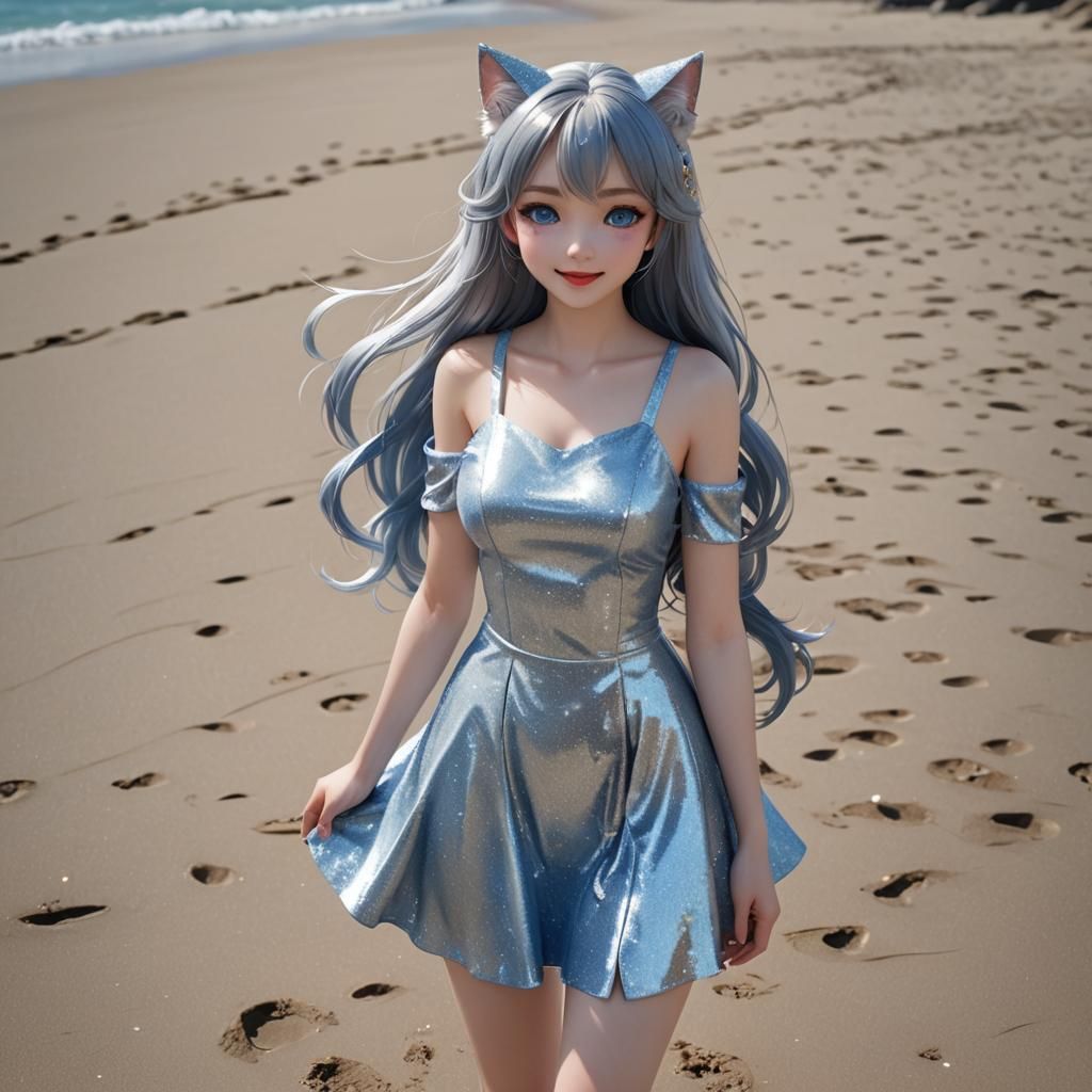 3D, realistic, Beautiful cute cat girl, blue eye glistening,...