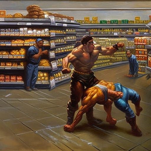 two wrestlers fighting in a grocery store