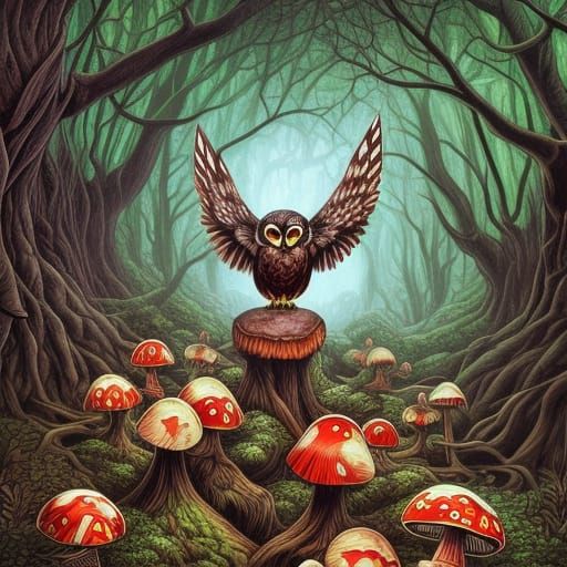 owl in mushroom forest