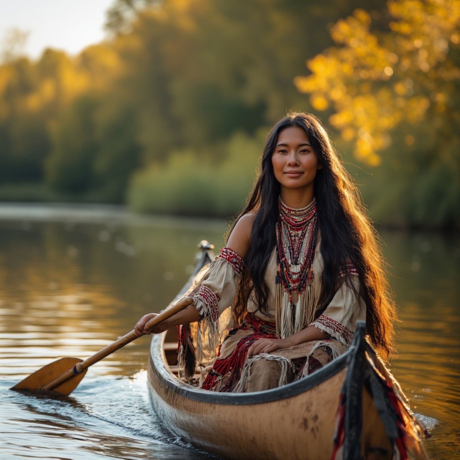 A close-up portrait of a serene and majestic Iroquois prince...