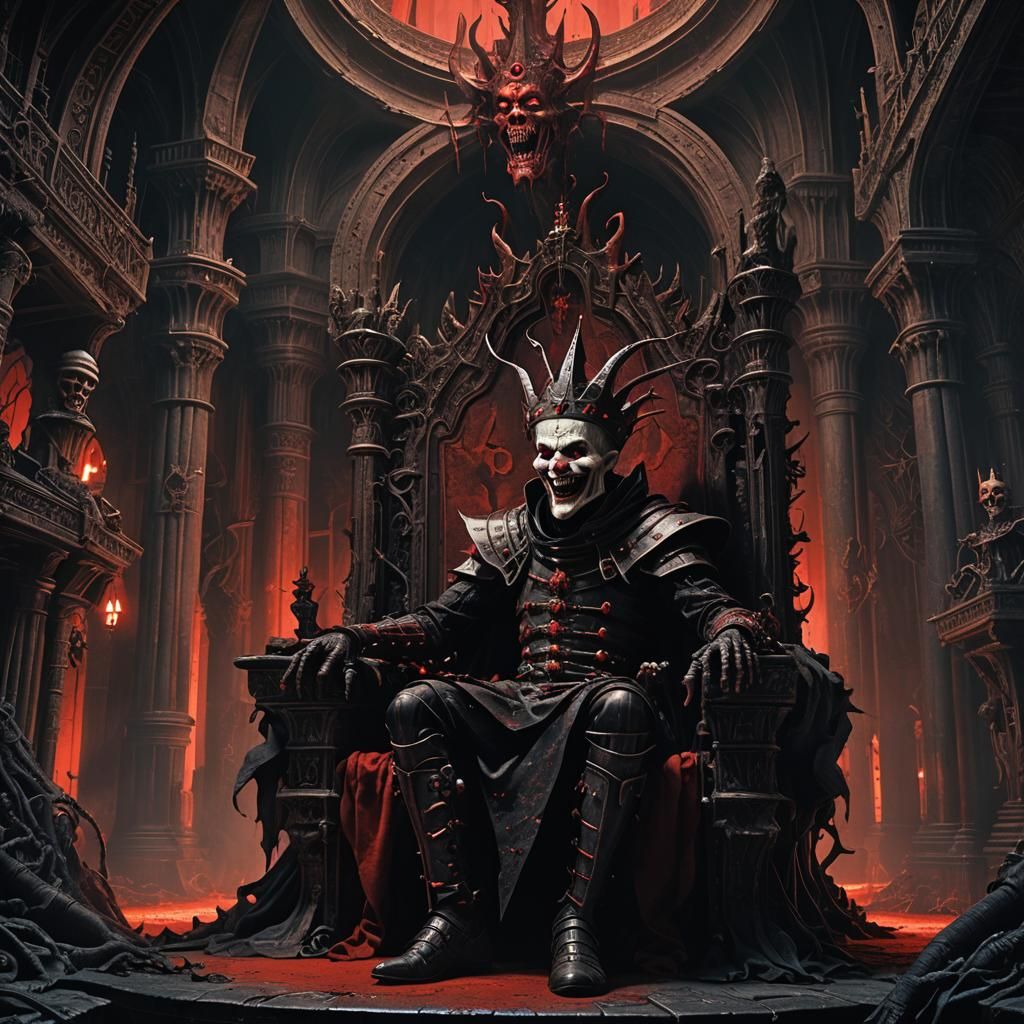 Demonic Jester in Hellish Throne Room: Dark Fantasy Art