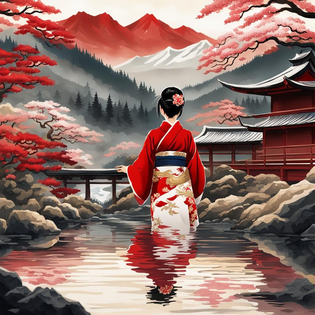 Our Asian beauty, a vision of grace, stands at the water’s e...