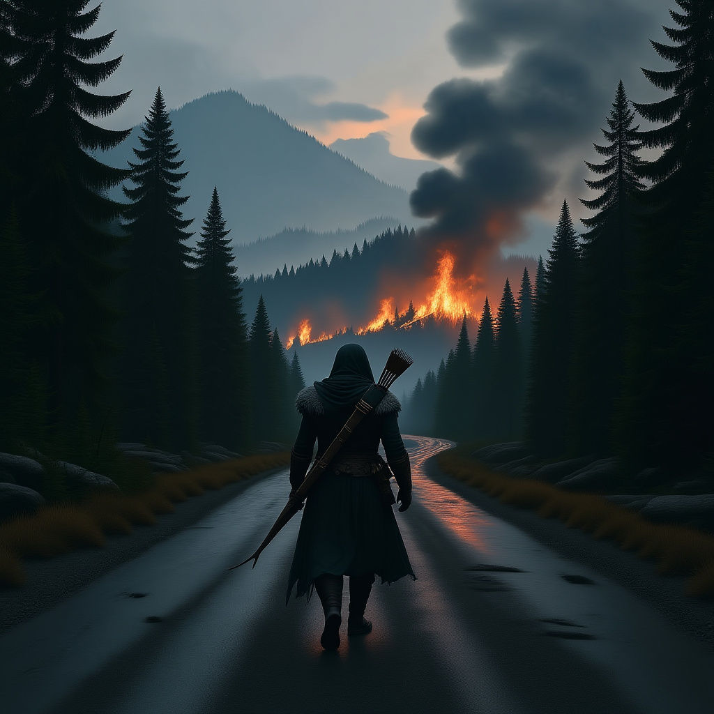 a figure alone, should have a bow on his back and on a road to the forest. The forest is Burned and the figure has a cloak.
Should be a dark...