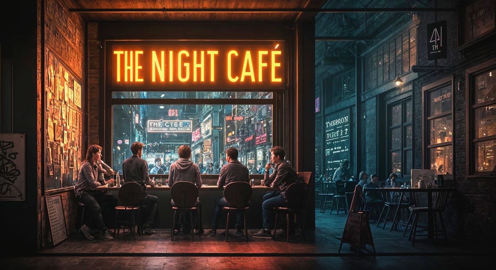 Vibrant cafe scene where AI artists meet to discuss technology and art. A sign says "THE NIGHT CAFE"  by @rrruss