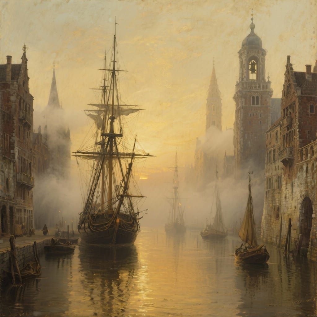 Tall Ships in Misty Harbor: Classical Painting
