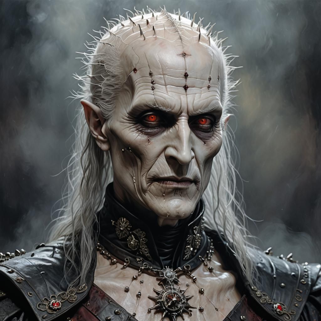 A headshot of a Hyperrealistic Bram's Stokers Dracula as a lifelike Pinhead, with dead white opaque eyes ...  by @Pinhead fan