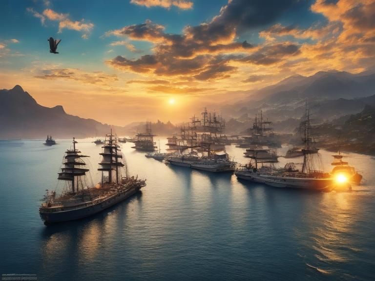 The sun setting over a beautiful fantasy harbor full of ships. Drone photography. <lora:NC Hyperreal DS8:1.0> Hyperrealistic Fantasy concept...