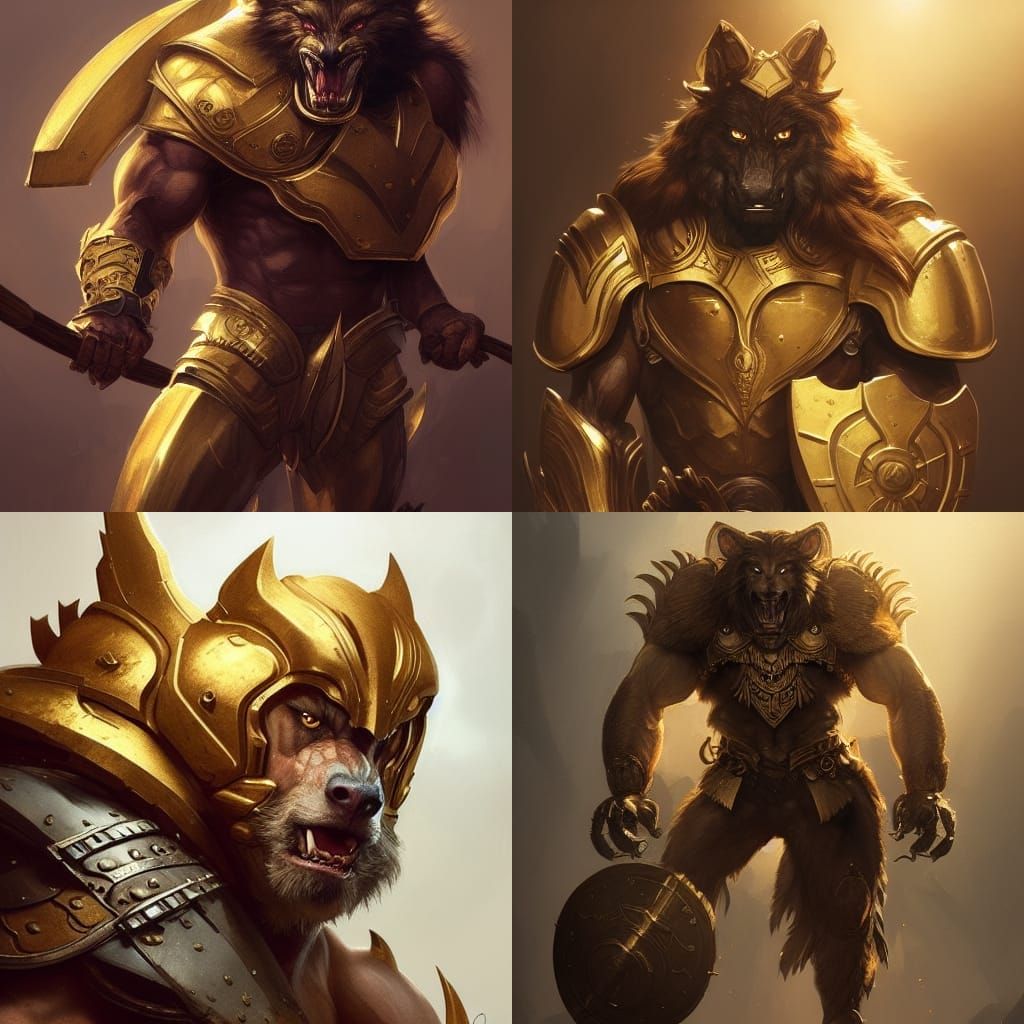 muscular werewolf shoulder wearing golden Armor and shield with axe ...