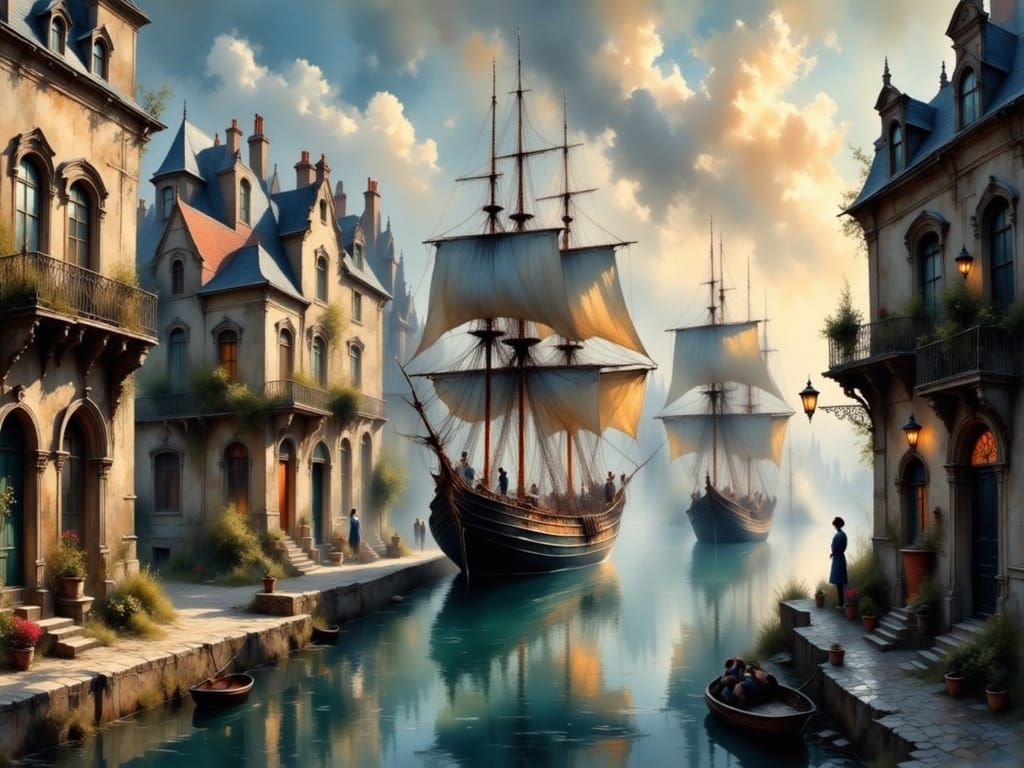 Epic Gothic Port City with Medieval Sailing Ship