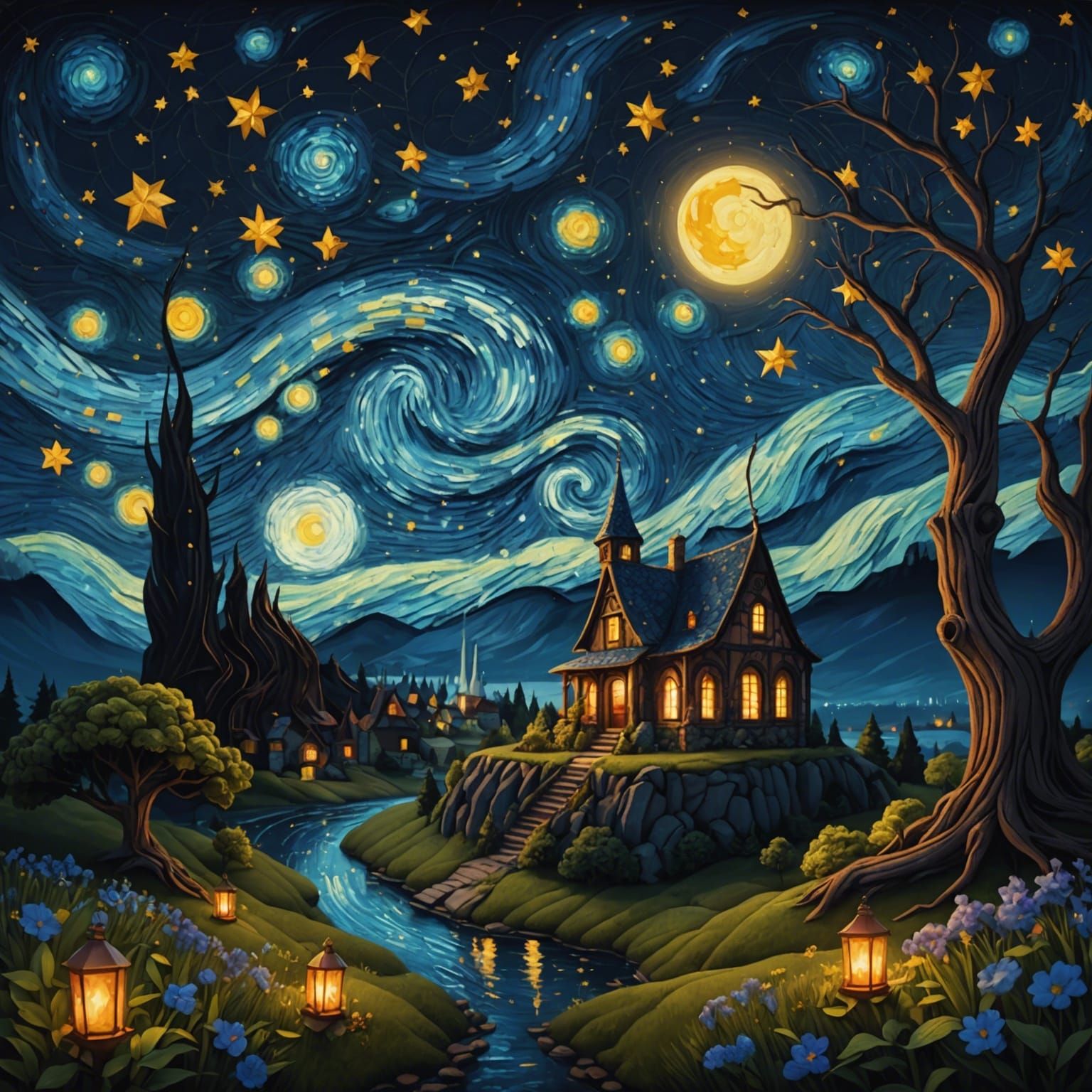 Starry Night Quilted Art in Detailed Matte Painting