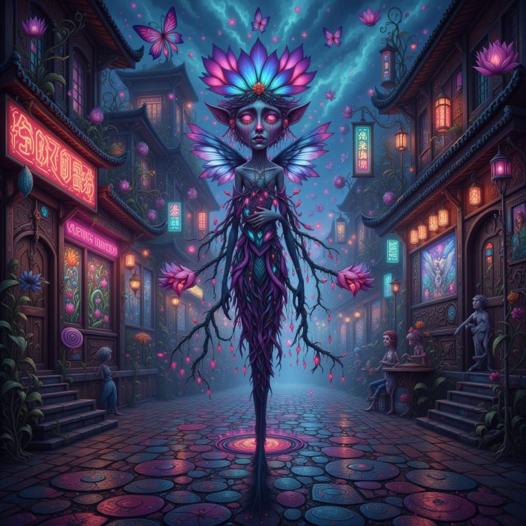 <lora:GazDreamchant:1.0> lotus familiar walking through a misty city street