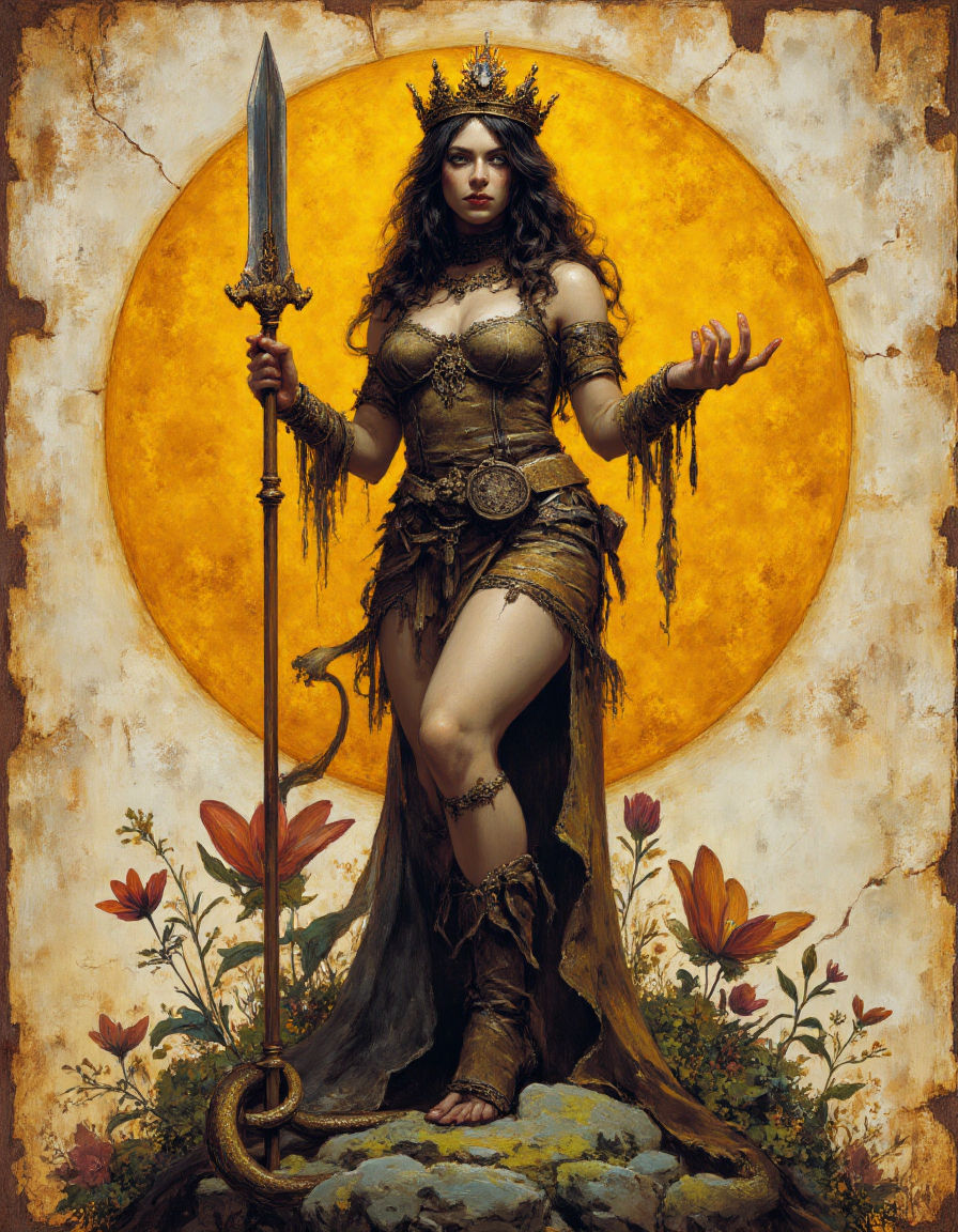 Gravure style, depicting a queen with a curvy figure 4