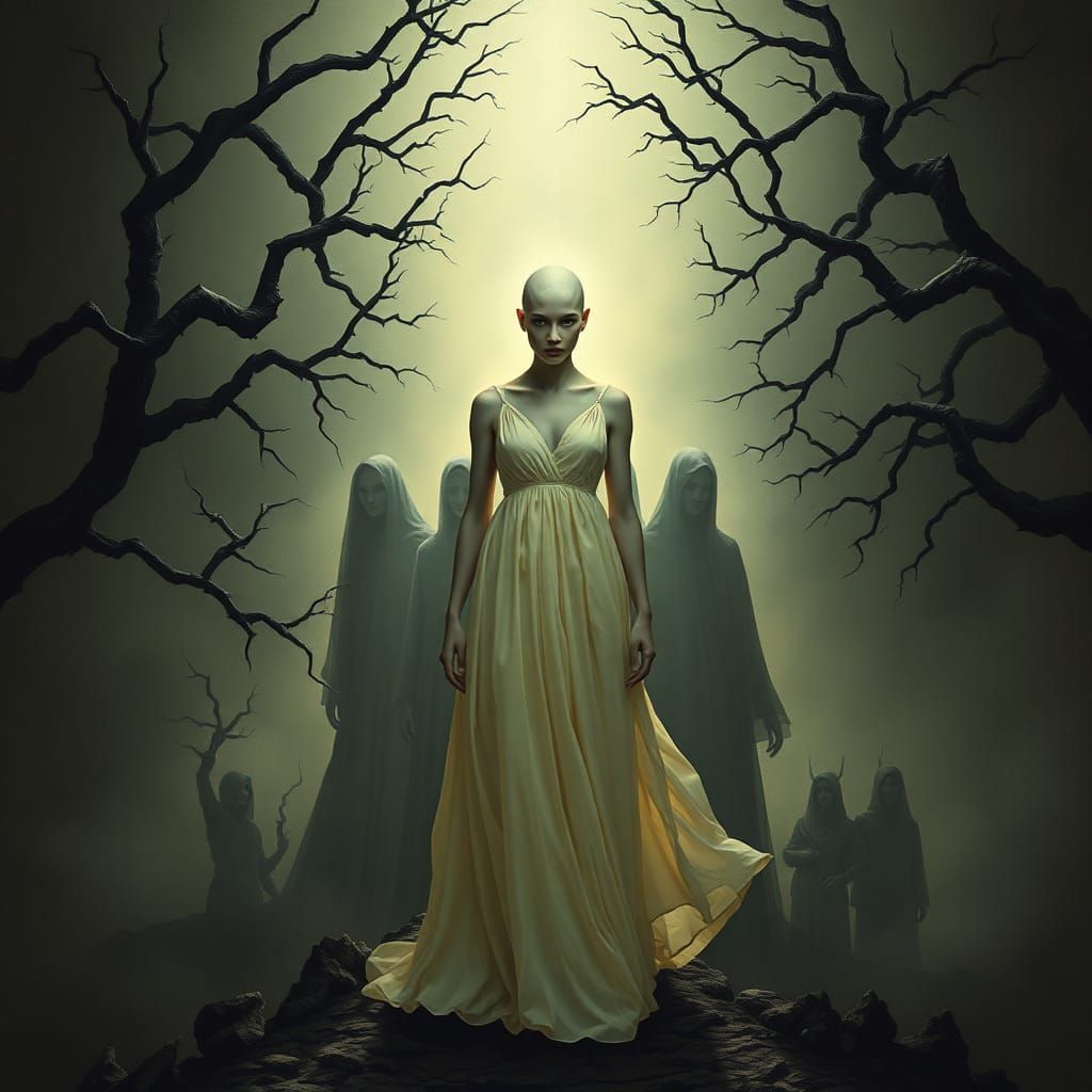 detailed, accurate, a mystical image of a bald woman in a fl...