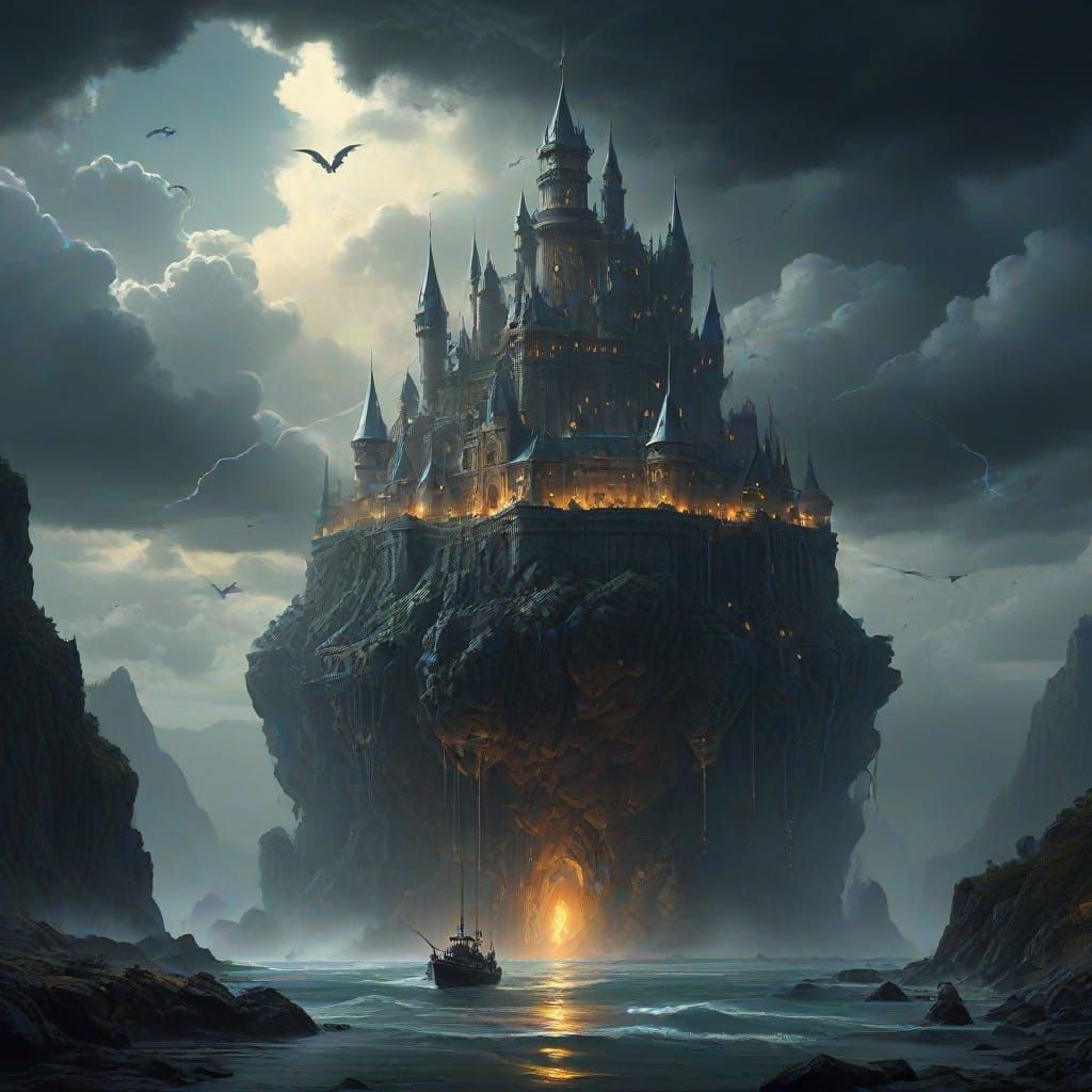 A floating citadel in the clouds, supported by enormous chains anchored to the earth, surrounded by constant lightning storms and guarded by...