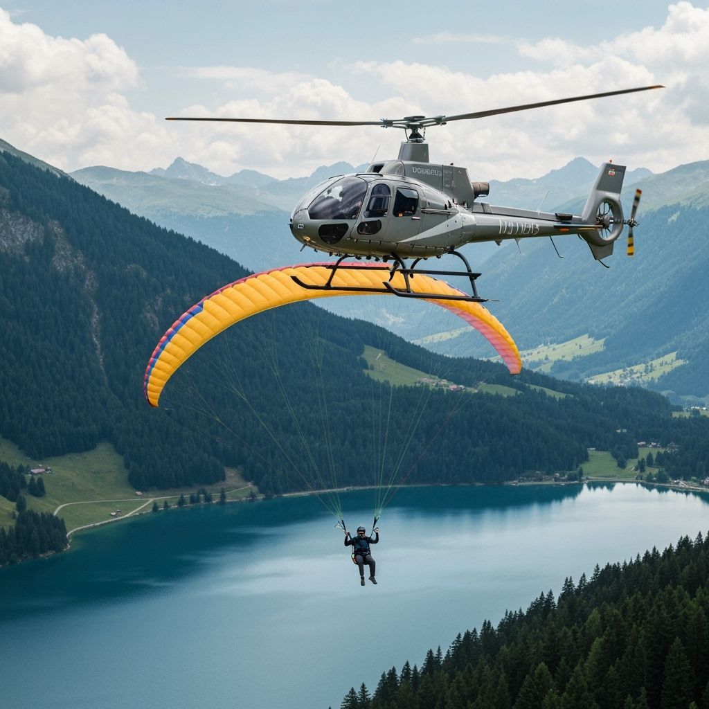 Helicopter and Paraglider Over Breathtaking Landscape