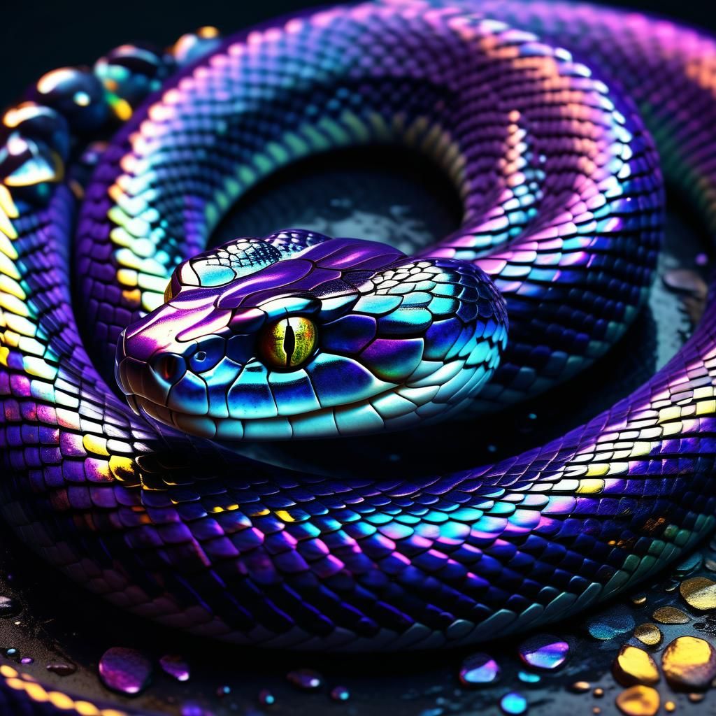 Black, shimmering, iridescent snake
  by @Dorian