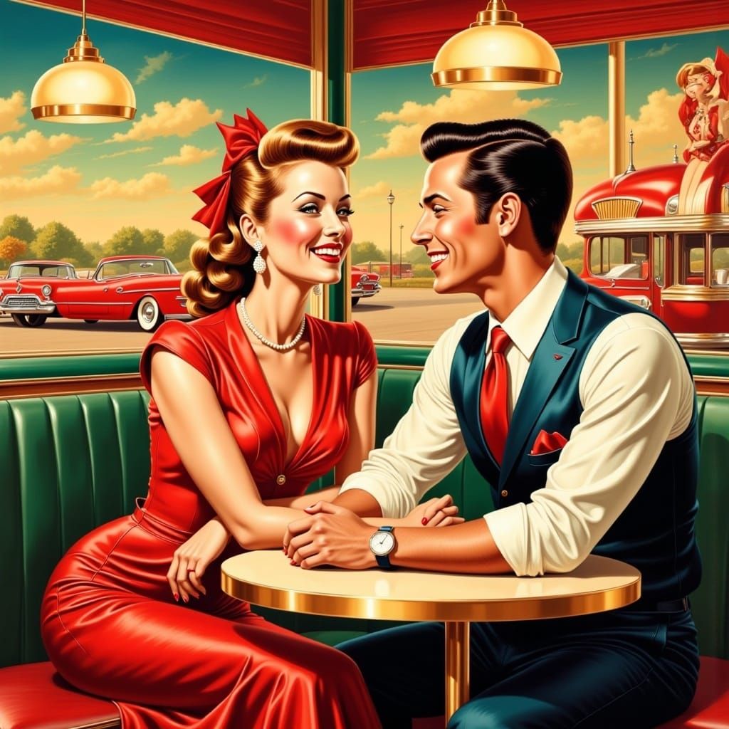 Beautiful man and woman at a diner, a happy couple, romantic <lora:Retro Rockabilly:1.0> vintage 50s illustration art