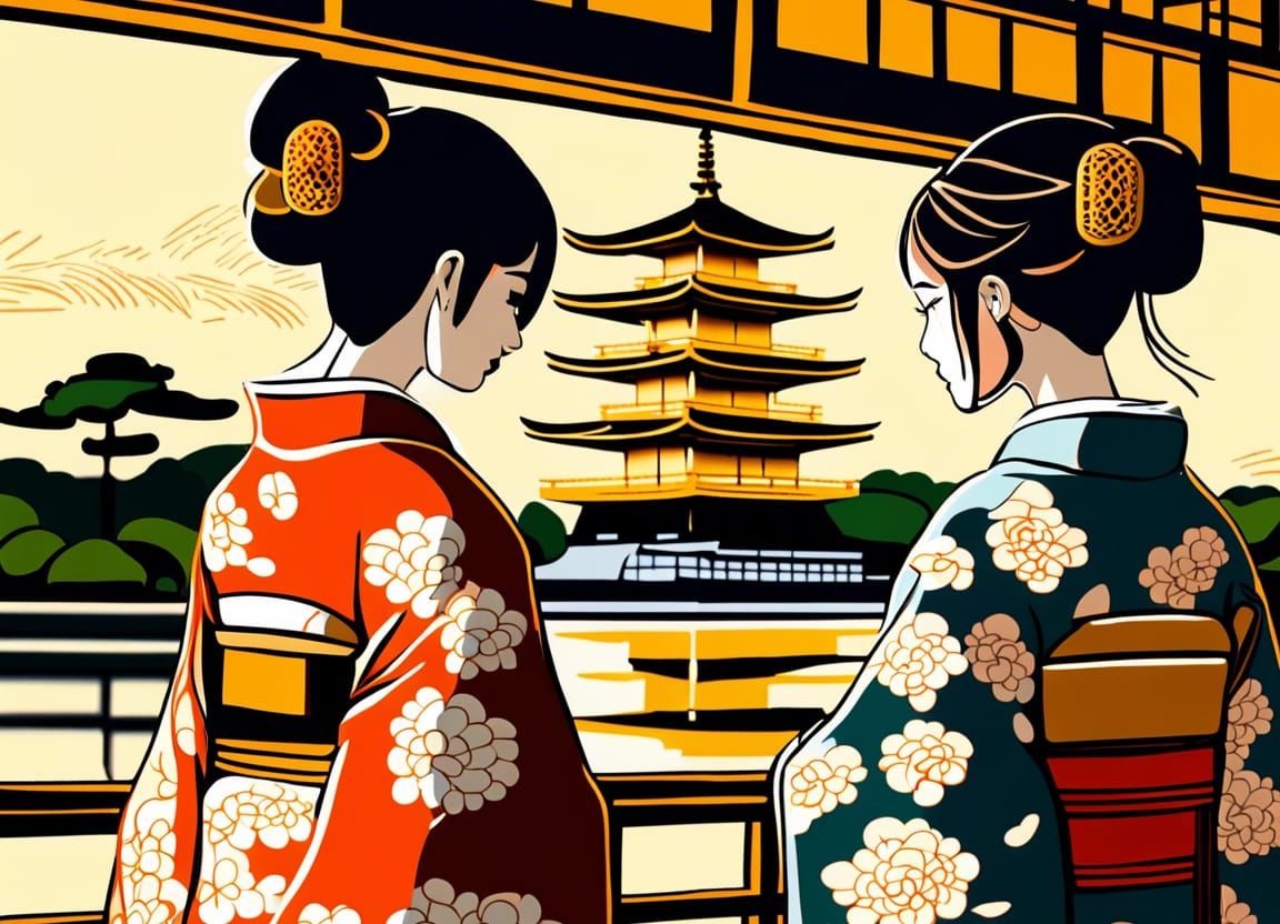 studio Ghibli style impression of 2 women wearing kimonos, l...