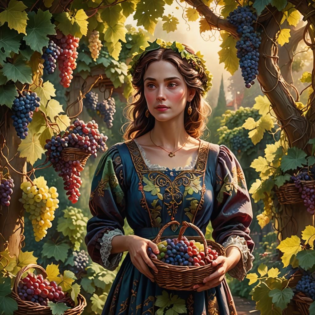 Woman with Grapes in Lush Garden