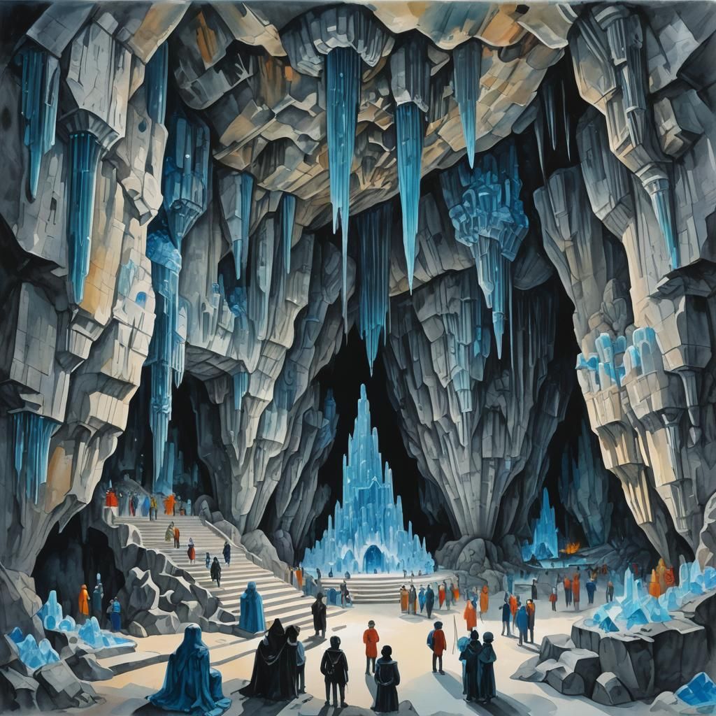 Gouache Cave Hall with Blue Crystals