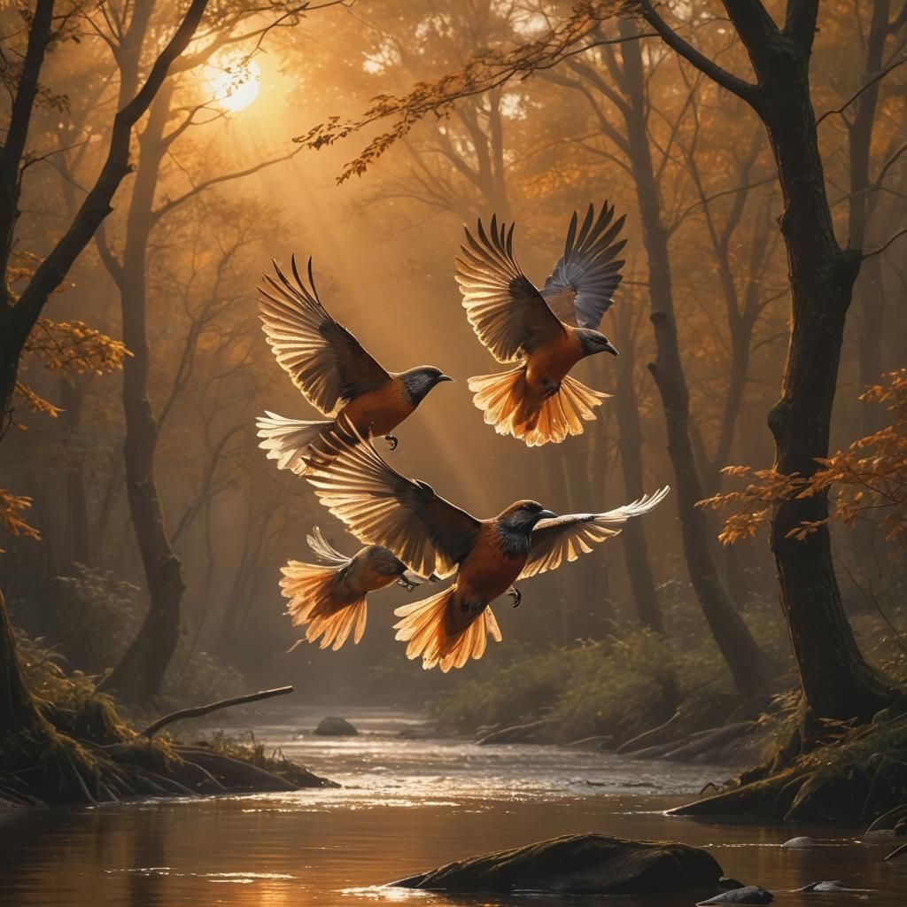 Two love birds frolic in flight upscaled view as feathers to...