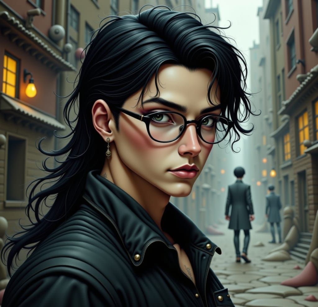 wearing sleek glasses, poses in a dramatic, Bishounen-style portrait, with chiseled, muscular features, hyperreal rendering, and long hair f...