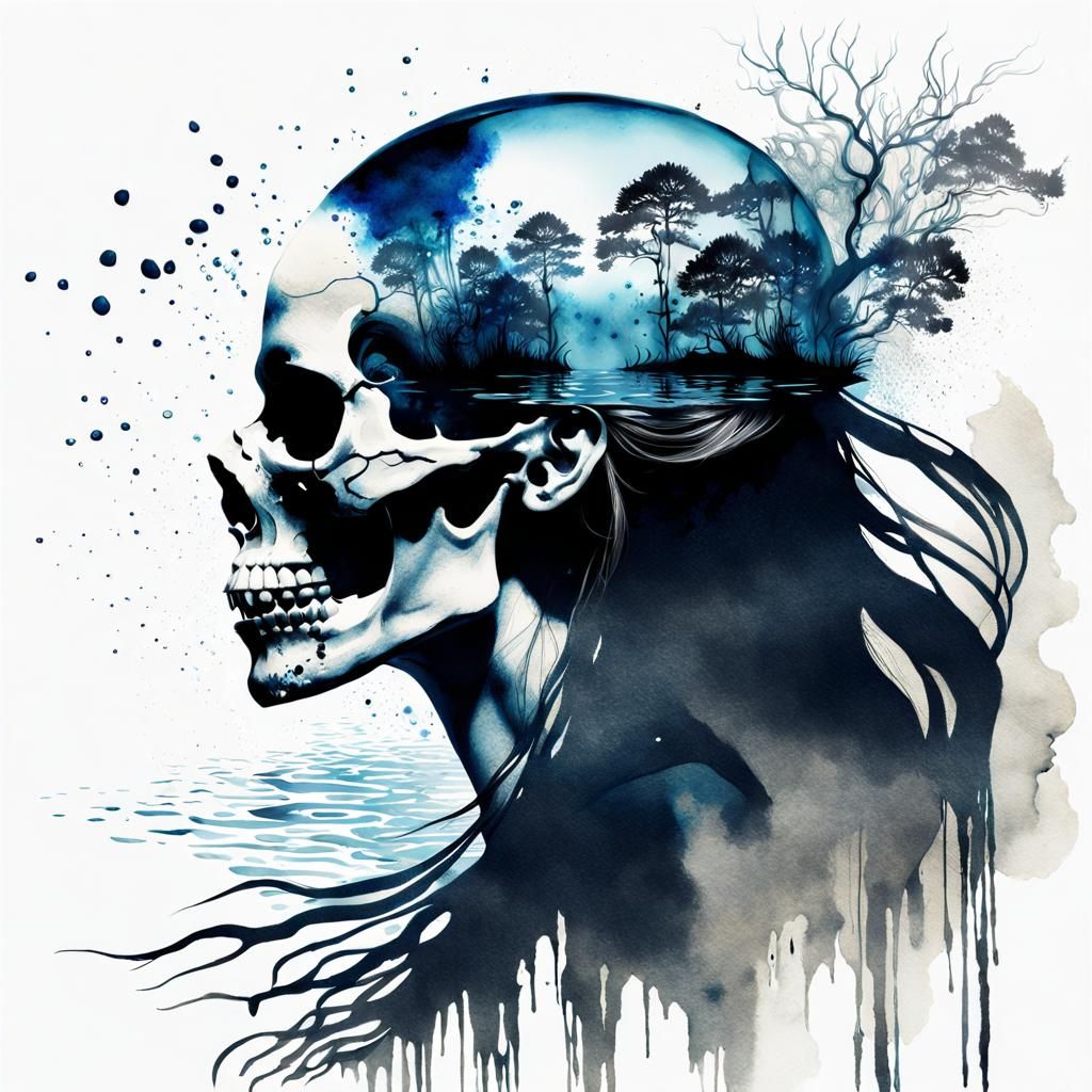 Double Exposure Skull with Woman and Magic Plants