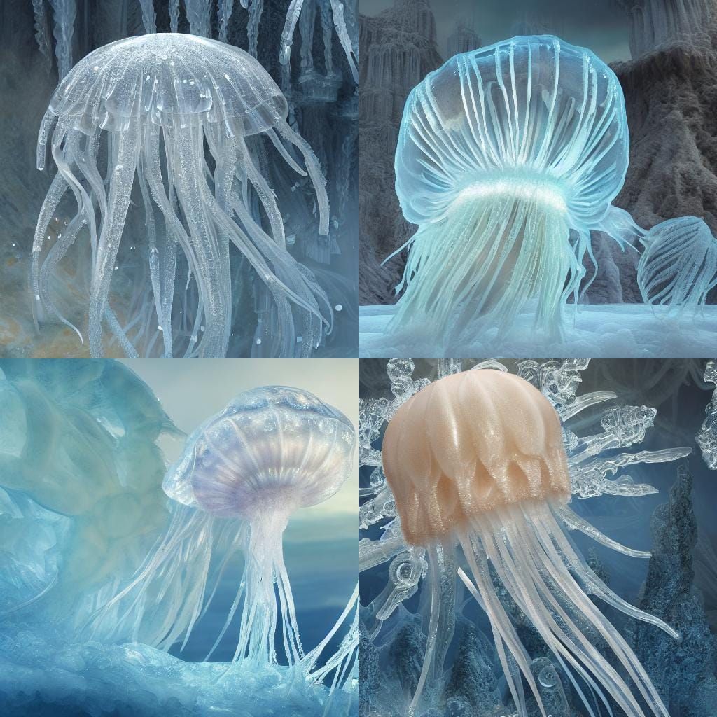 Jellyfish made of ice, detailed sculpted ice jellyfish, clear ice ...