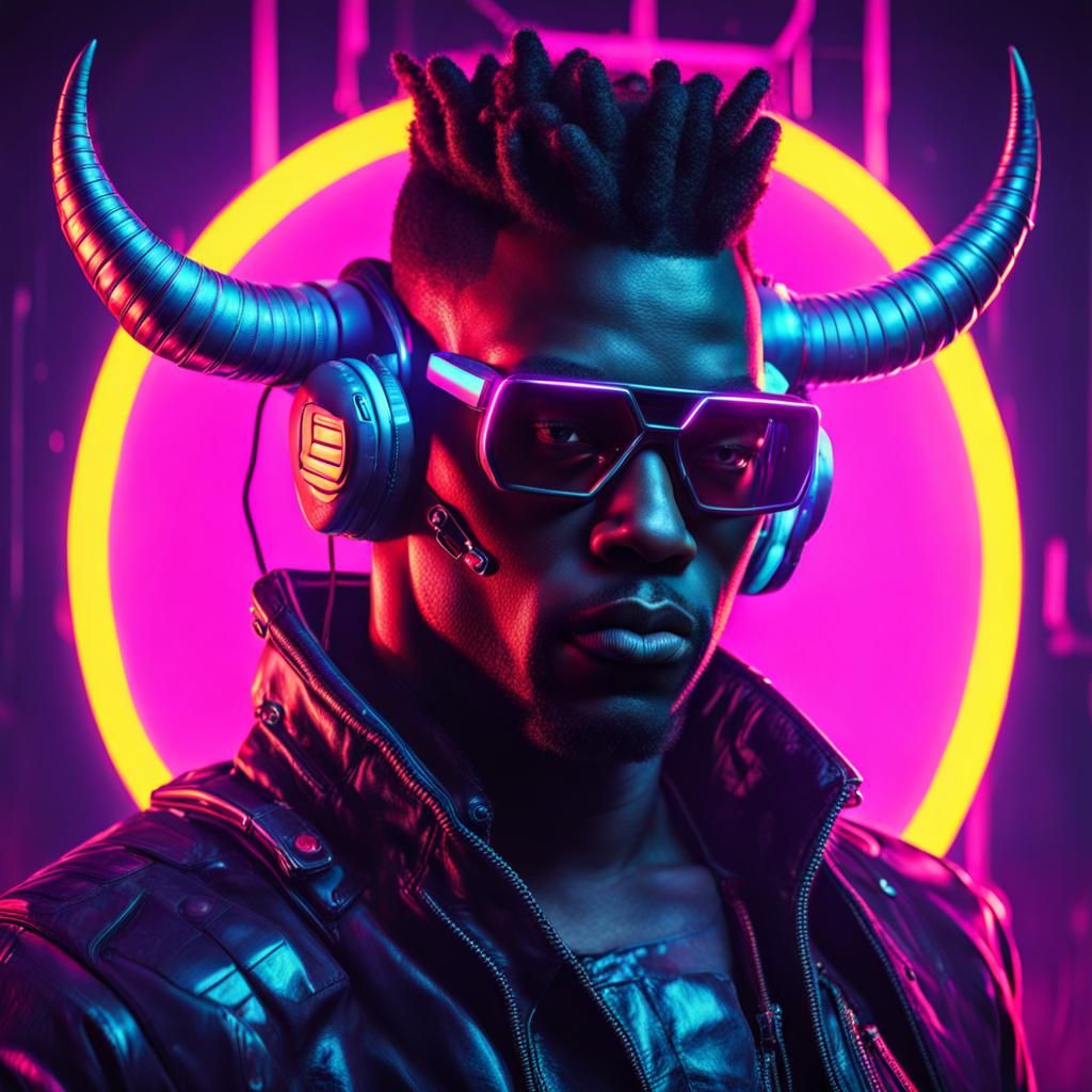 cyborg smuggler black male with bull horns, cyberpunk style ...