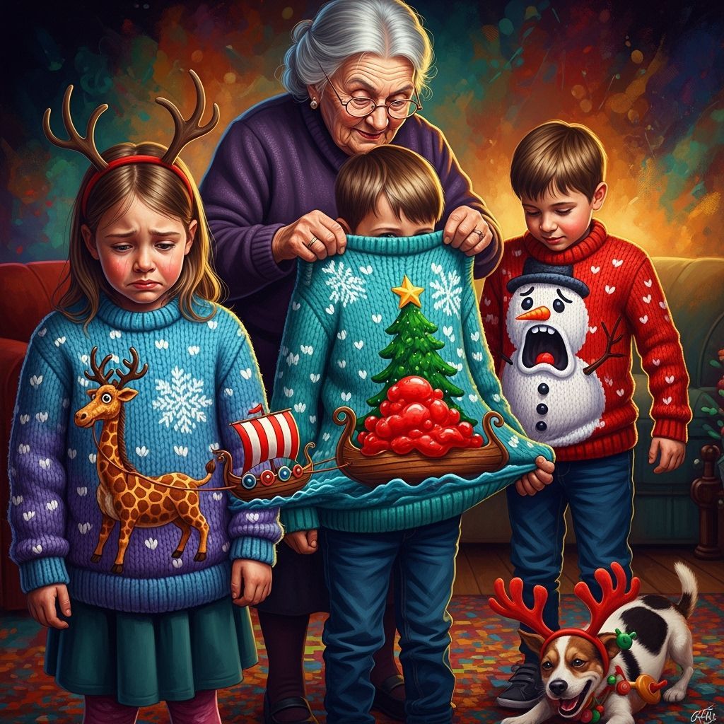 Grandma has knitted Christmas sweaters for her grandchildren.   by @Oddly Enough