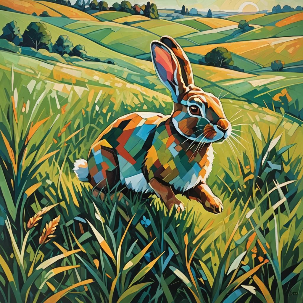 A small rabit hopping through a grassy green field