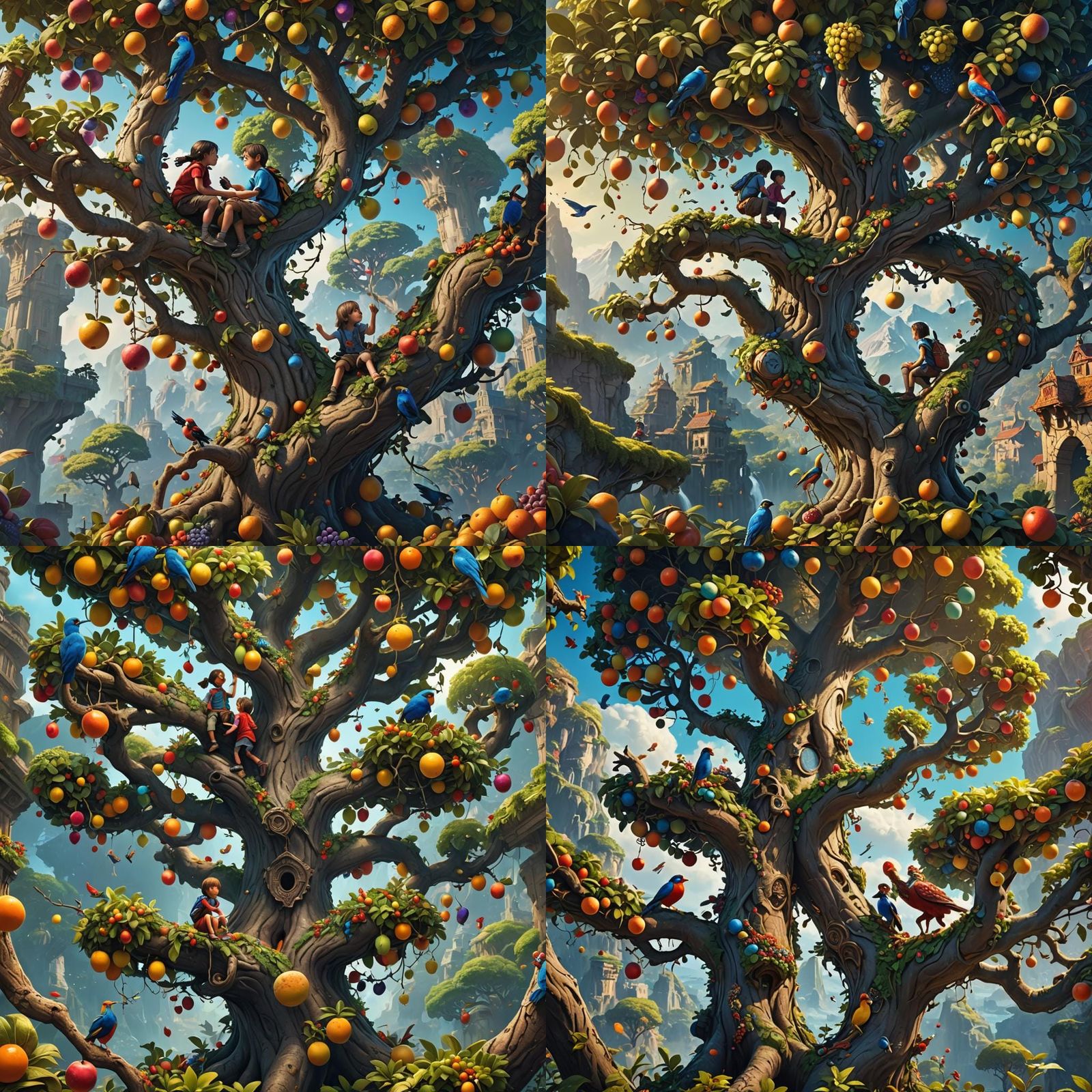 Brother and sister climbing the world tree with fruits growi...