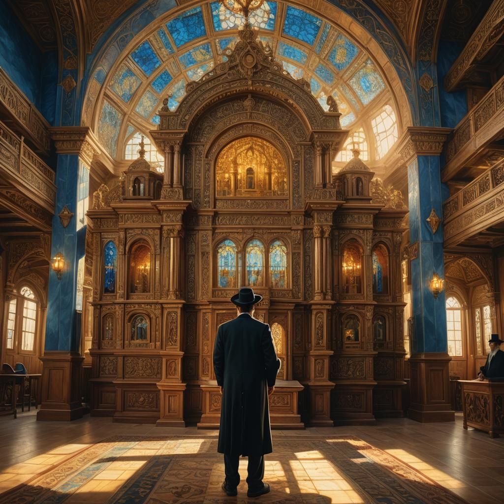 Belz Rabbi in Jerusalem Synagogue: Oil Painting