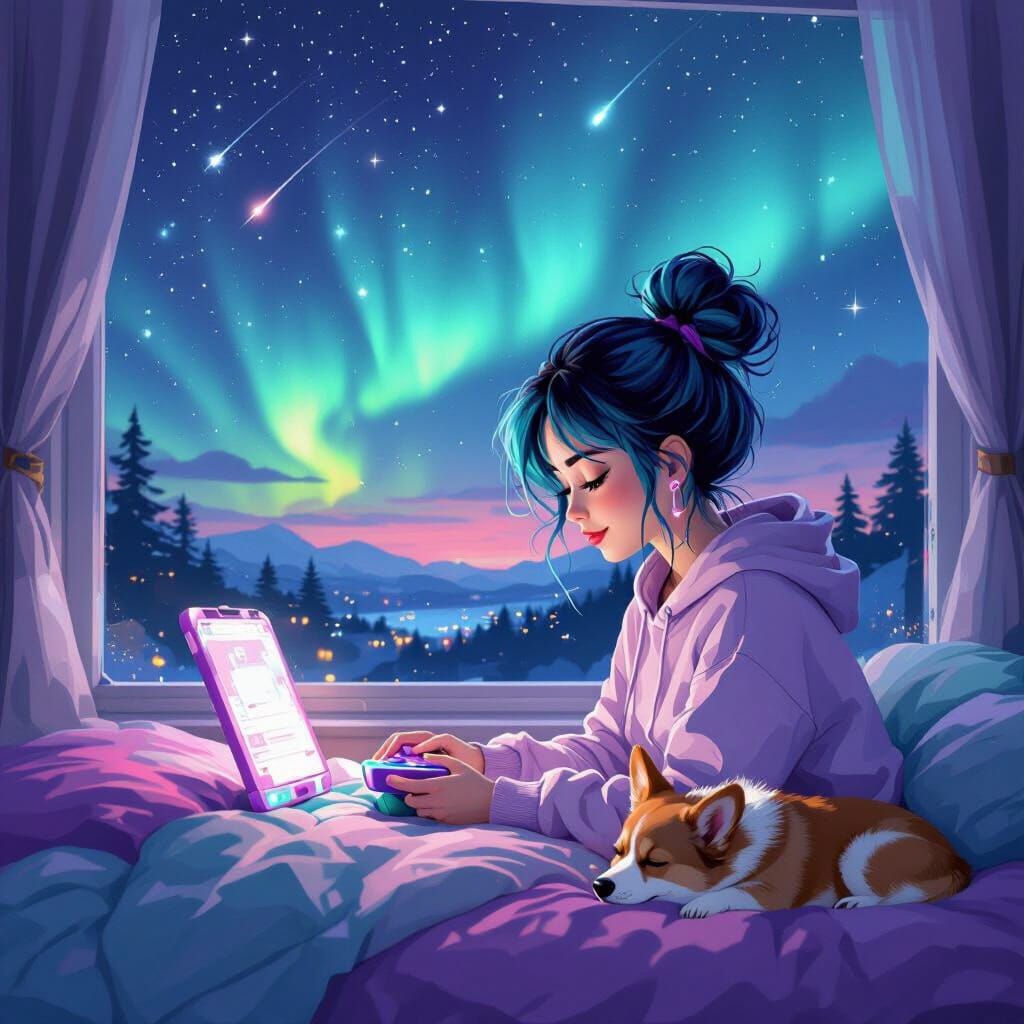 Lofi girl with teal hair up in messy bun wearing a light purple hoodie and gaming on handheld purple device on her purple and teal bed at ni...