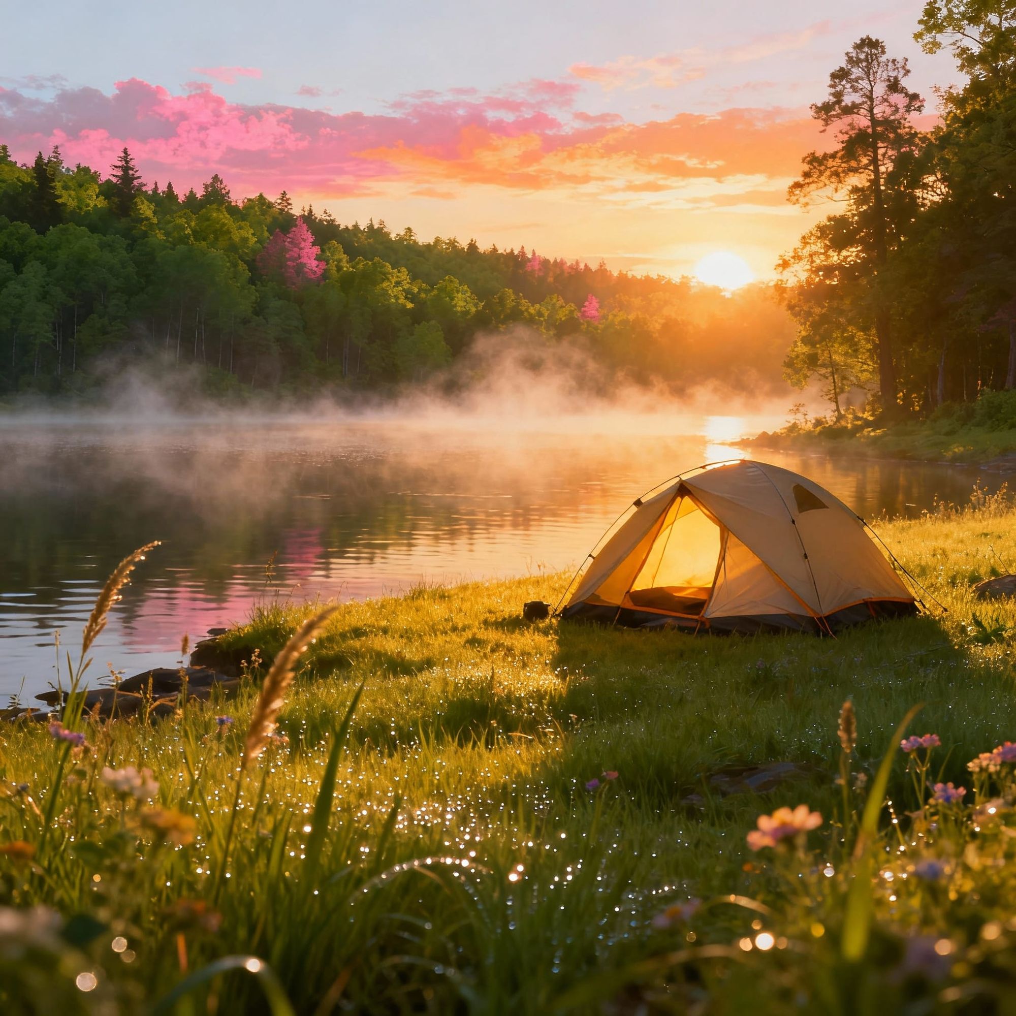 A luxurious sunrise over a peaceful meadow beside a calm lakeshore. A small camping tent stands near the water, its fabric glowing softly in...
