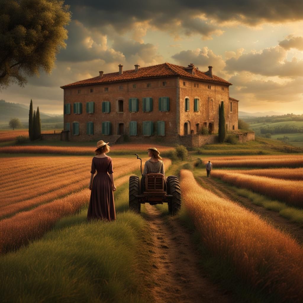 Fattoria con agricoltore su trattore che ara il campo e donna vestita da antica romana che segue   by @Luca