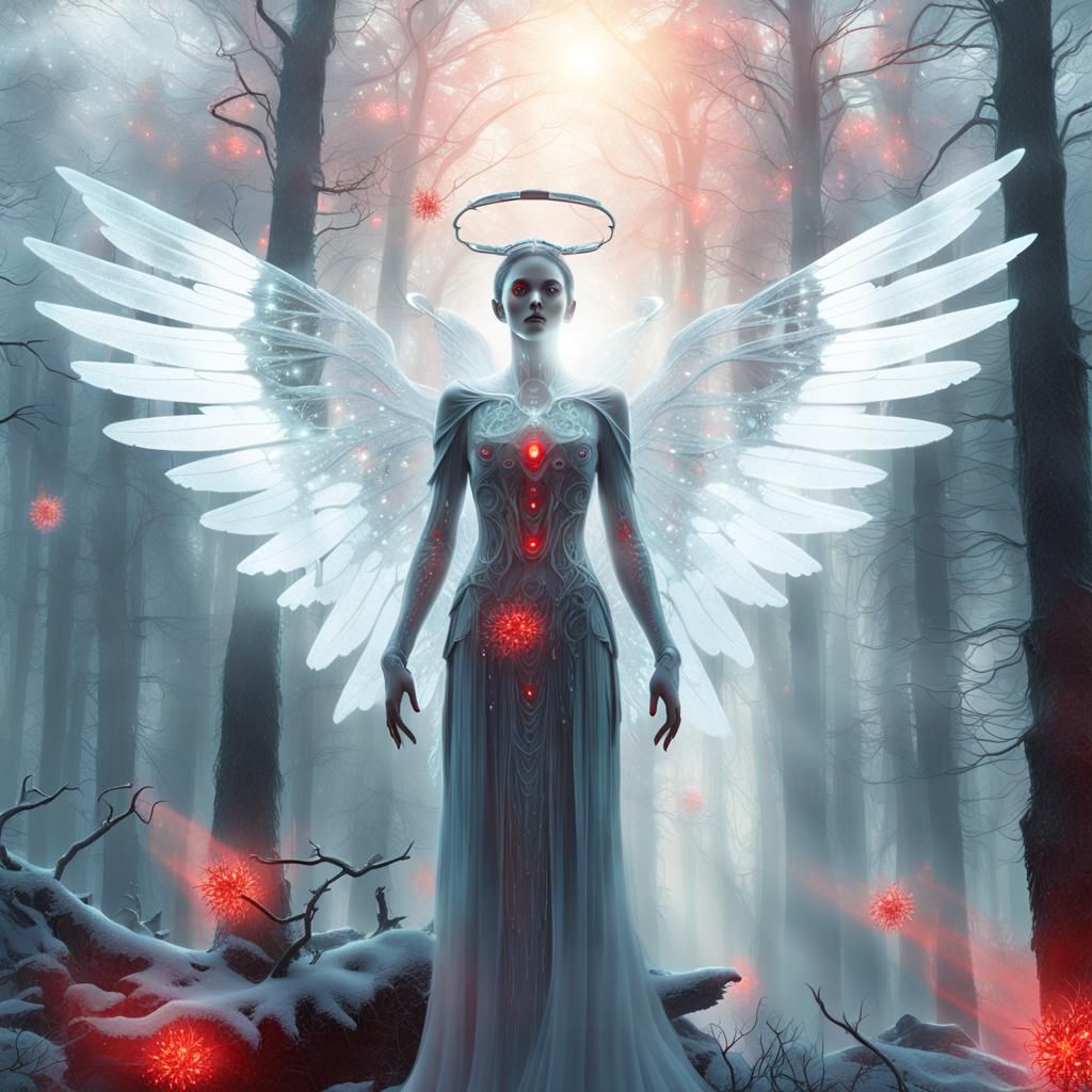 Ethereal Angel with Drone Swarm in Cyberpunk Style