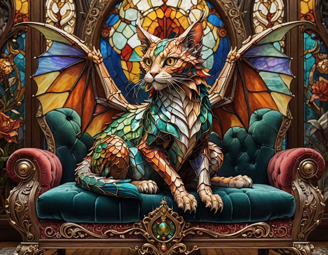 Stained glass dragon-cat on a couch