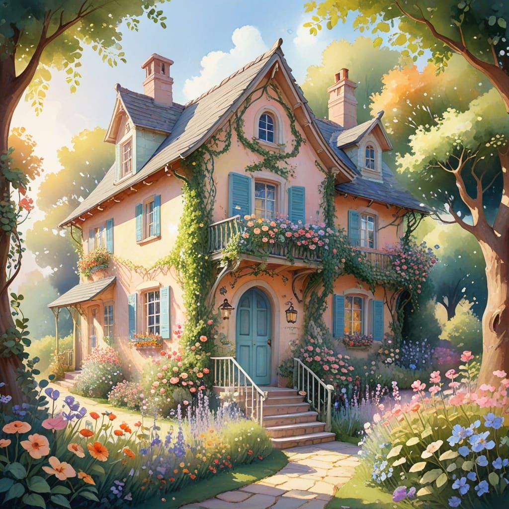 Whimsical Watercolor House with Vibrant Floral Garden