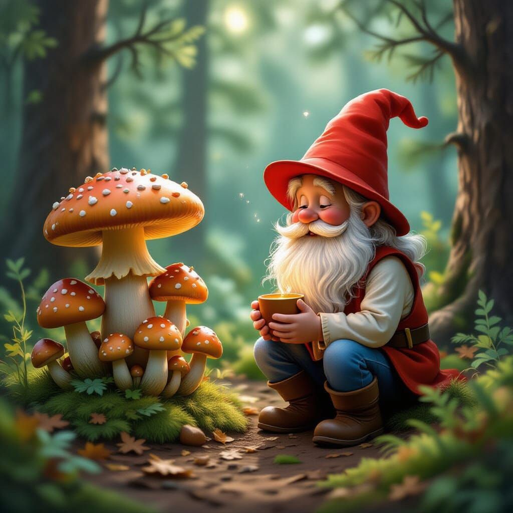 Whimsical Forest Sprite Greets Mushroom in Pastel Style