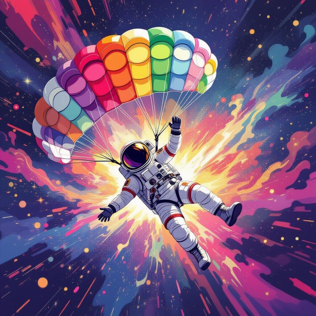 Astronaut's Parachute Mishap in Cosmic Bloom
