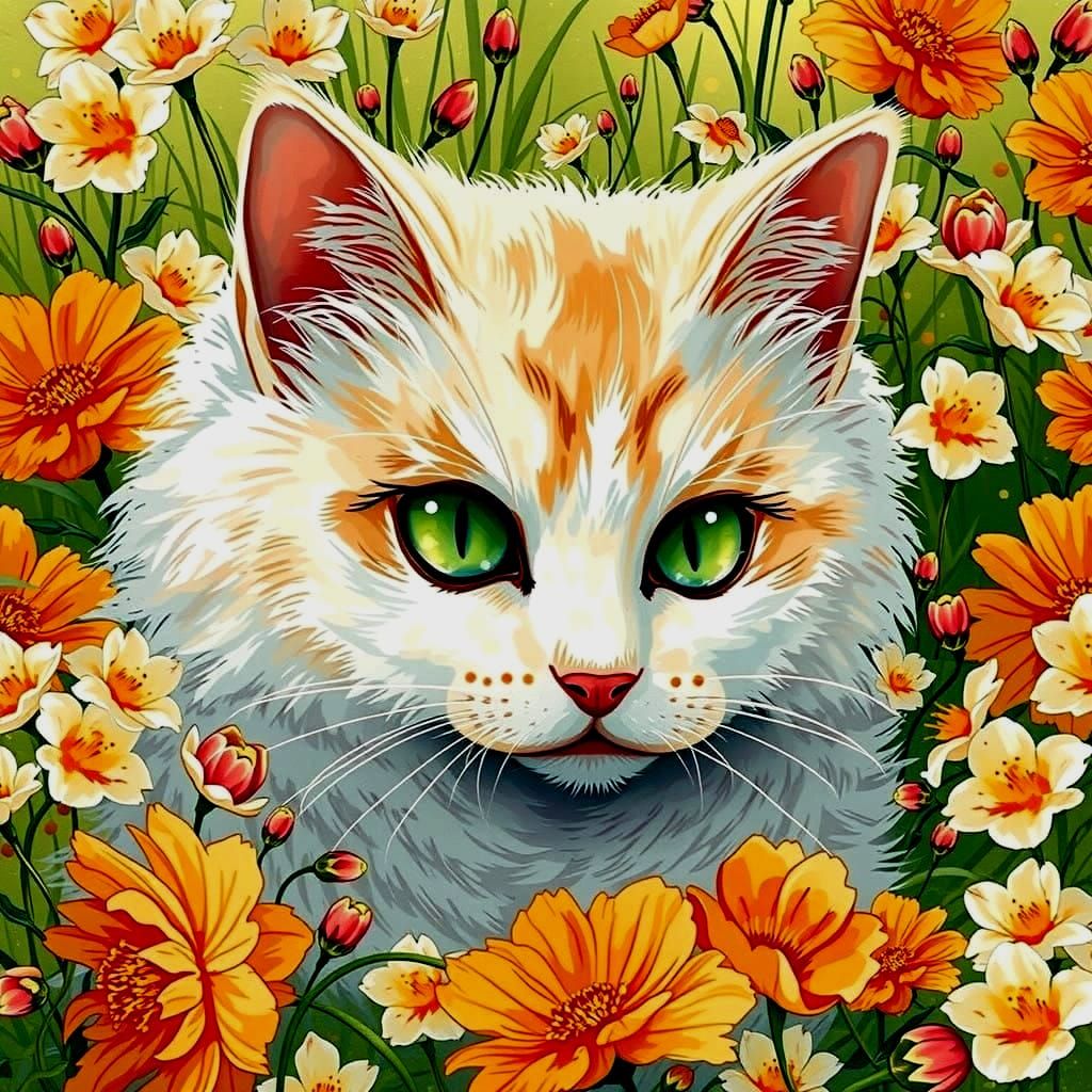Whimsical Turkish Van Cat in a Field of Vibrant Flowers
